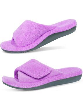 Womens Lavender Adjustable Open Toe Orthopedic Arch Support Fuzzy Slippers Slide